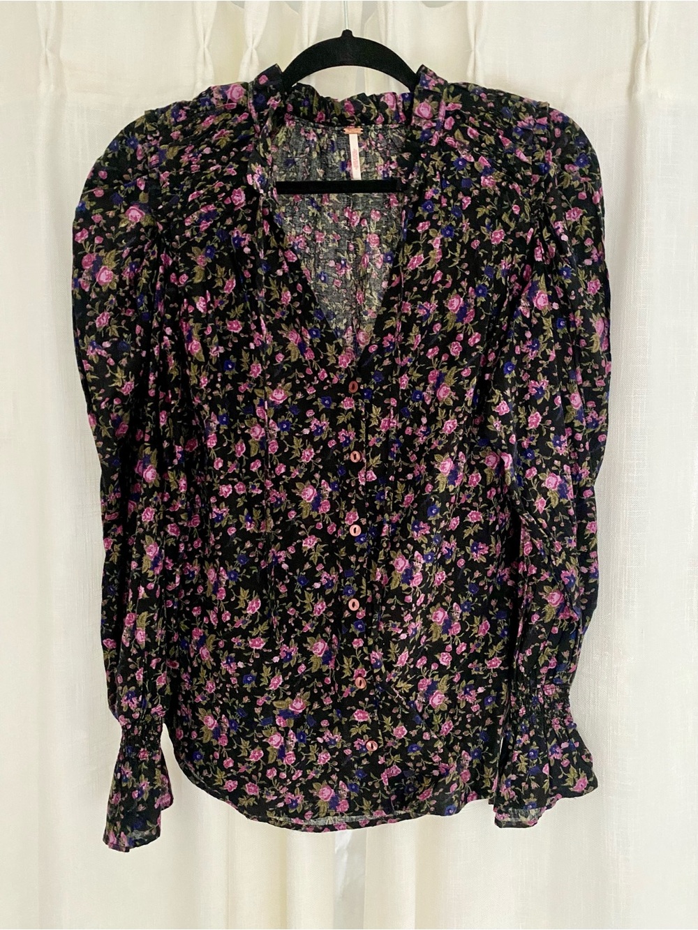 Free People Black Floral Button-Up Blouse with Pink and Purple Roses